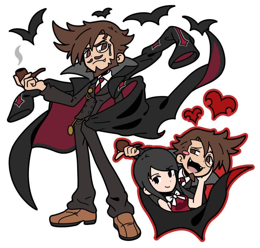 1boy 1girl :d absurdres bat_(animal) beard black_eyes black_hair bow bowtie brown_eyes brown_hair coat coat_on_shoulders facial_hair fangs goatee guilty_gear guilty_gear_strive heart highres holding holding_smoking_pipe male_focus monocle mustache necktie red_necktie sach56000 sharon_(guilty_gear) simple_background single_blush_sticker slayer_(guilty_gear) smile smirk smoking_pipe spiked_hair suit teeth upper_teeth_only vampire white_background white_bow white_bowtie