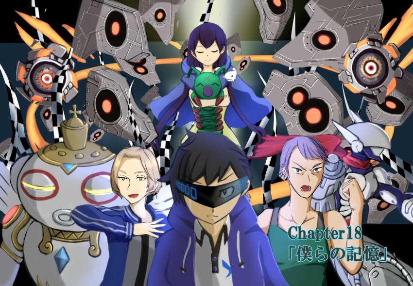 1girl 3boys amasawa_keisuke armor bug coat coat_on_shoulders digimon digimon_(creature) digimon_story:_cyber_sleuth_hacker's_memory dogu eater_(digimon) eater_bit eater_legion highres imai_chitose justimon looking_at_viewer mask mishima_erika mishima_ryuji multiple_boys muscular muscular_male shakkoumon smile wormmon