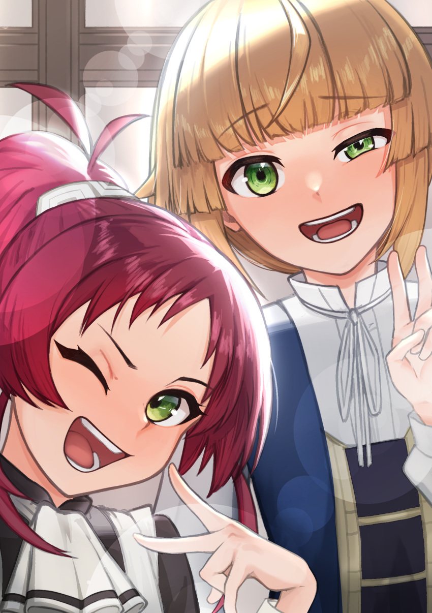 2girls absurdres aisha_greyrat ascot blonde_hair blue_shirt green_eyes hair_ribbon highres multiple_girls mushoku_tensei one_eye_closed open_mouth red_hair ribbon shirt short_hair smile takeman upper_body v white_ascot white_ribbon wince