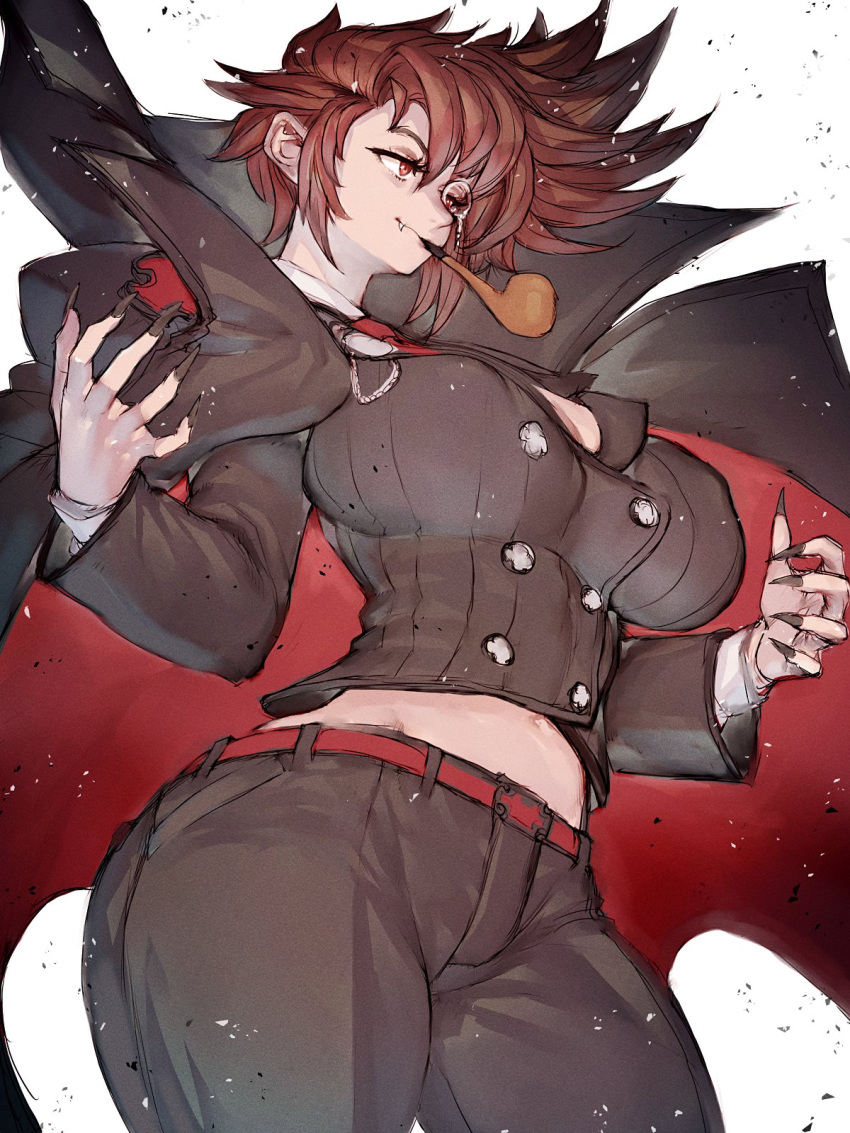 1girl black_cape black_nails breasts brown_hair cape cleavage fingernails fumio_(rsqkr) genderswap genderswap_(mtf) guilty_gear guilty_gear_strive highres large_breasts long_fingernails monocle nail_polish red_eyes short_hair simple_background slayer_(guilty_gear) smoking_pipe solo white_background