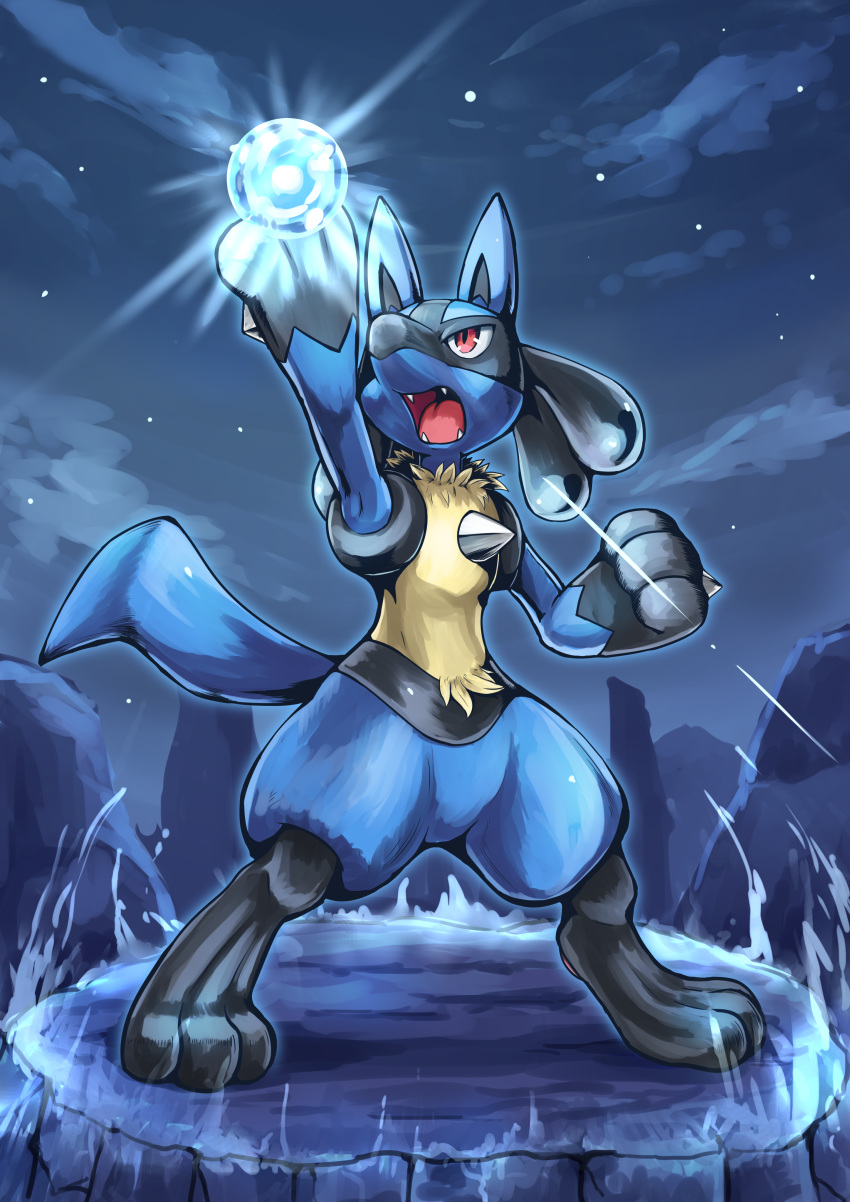 2019 absurd_res ambiguous_gender cloud hi_res lucario mabuta_1 night nintendo open_mouth pok&eacute;mon pok&eacute;mon_(species) red_eyes rock solo video_games