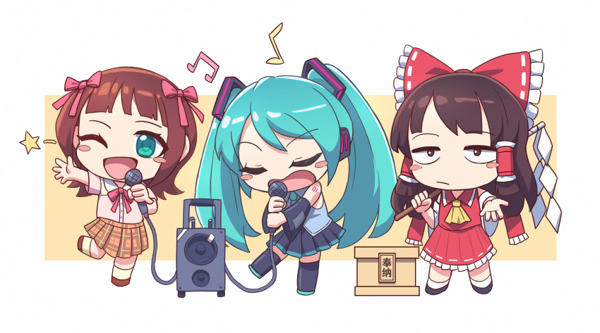 3girls amami_haruka black_skirt blue_hair blunt_bangs blush_stickers bow brown_hair brown_skirt chibi closed_eyes closed_mouth green_eyes hair_bow hair_tubes hakurei_reimu hatsune_miku highres holding holding_microphone idolmaster long_hair looking_at_viewer microphone multiple_girls musical_note one_eye_closed open_mouth pink_bow pleated_skirt red_bow royl short_hair skirt star_(symbol) touhou twintails vocaloid