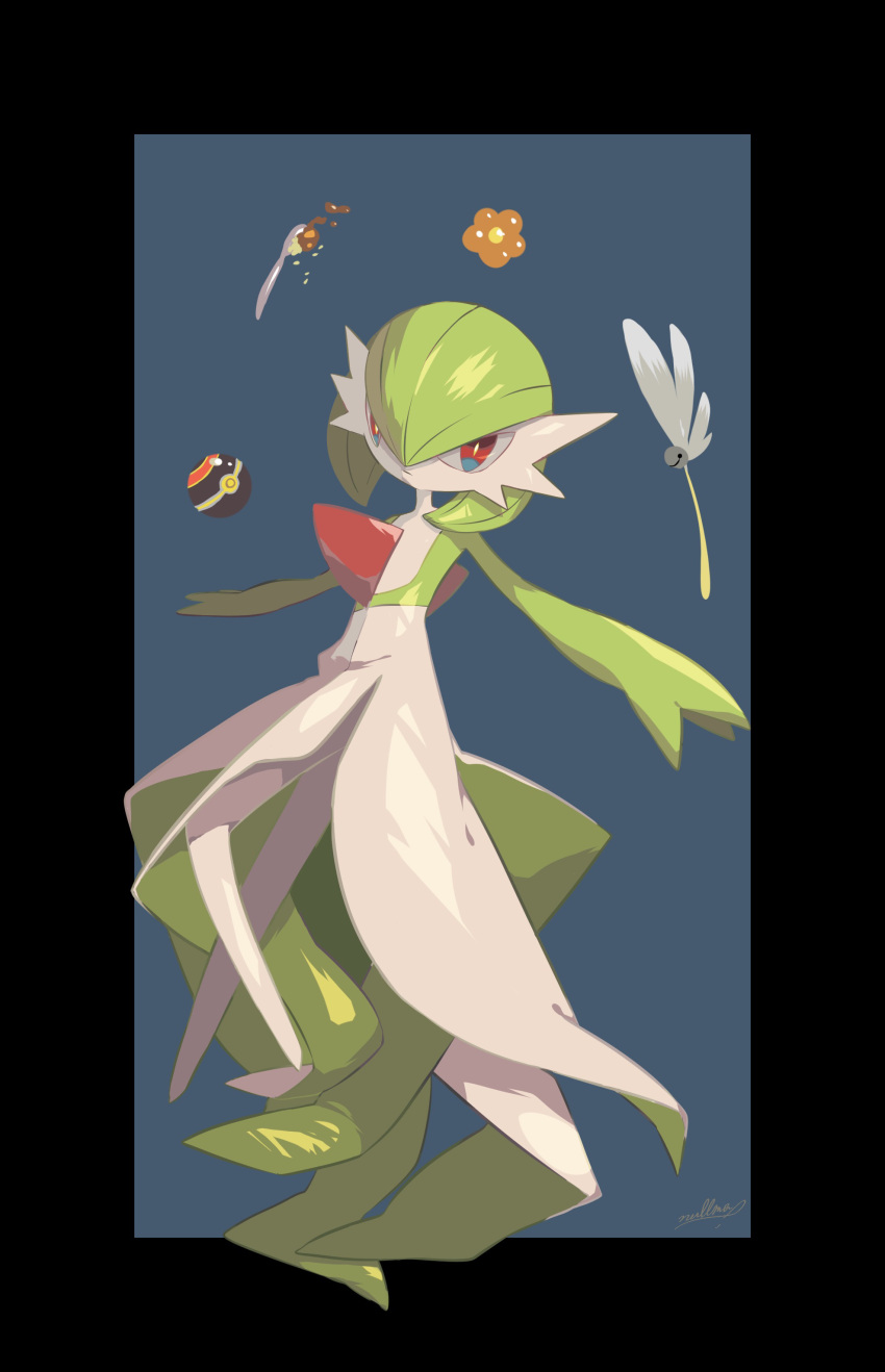 absurdres bob_cut cat_teaser colored_skin dress flower gardevoir green_hair highres luxury_ball multicolored_skin nullma pink_eyes poke_ball pokemon pokemon_(creature) simple_background two-tone_background two-tone_skin white_dress white_skin