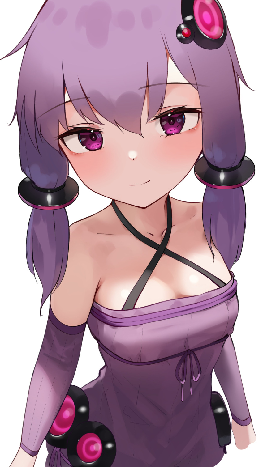 1girl absurdres bare_shoulders blush breasts criss-cross_halter detached_sleeves dress hair_ornament halterneck highres light_smile looking_at_viewer penguin_(dx19291005) purple_dress purple_eyes purple_hair short_hair_with_long_locks simple_background sketch small_breasts solo vocaloid voiceroid white_background yuzuki_yukari