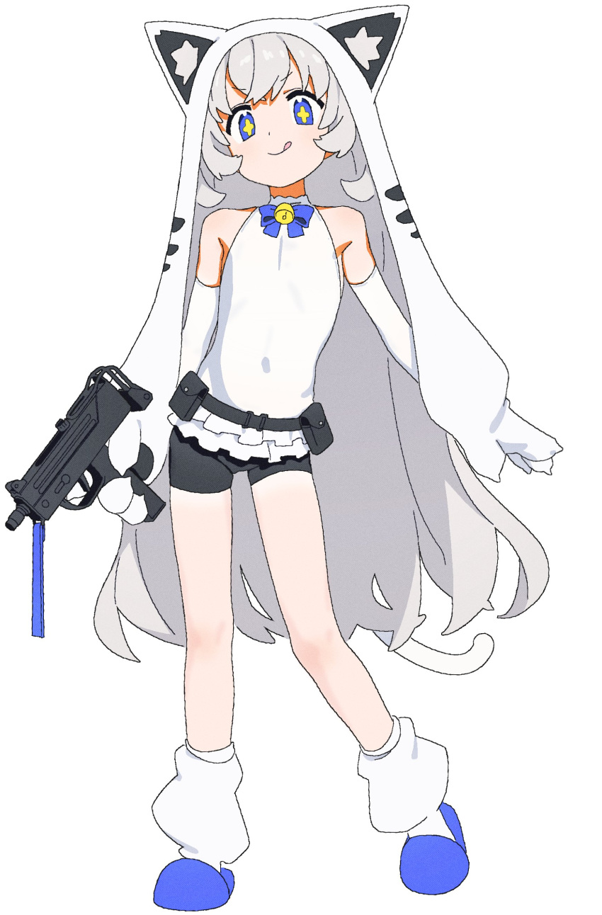 +_+ 1girl :q absurdres animal_ears bare_shoulders bell belt belt_pouch black_shorts blue_eyes bow bowtie cat_ears cat_tail elbow_gloves flat_chest gloves grey_hair gun highres holding holding_gun holding_weapon jingle_bell jiryu50610218 long_hair looking_at_viewer loose_socks neck_bell original pouch shirt short_shorts shorts simple_background smile socks solo submachine_gun tail tongue tongue_out uzi very_long_hair weapon white_background white_shirt