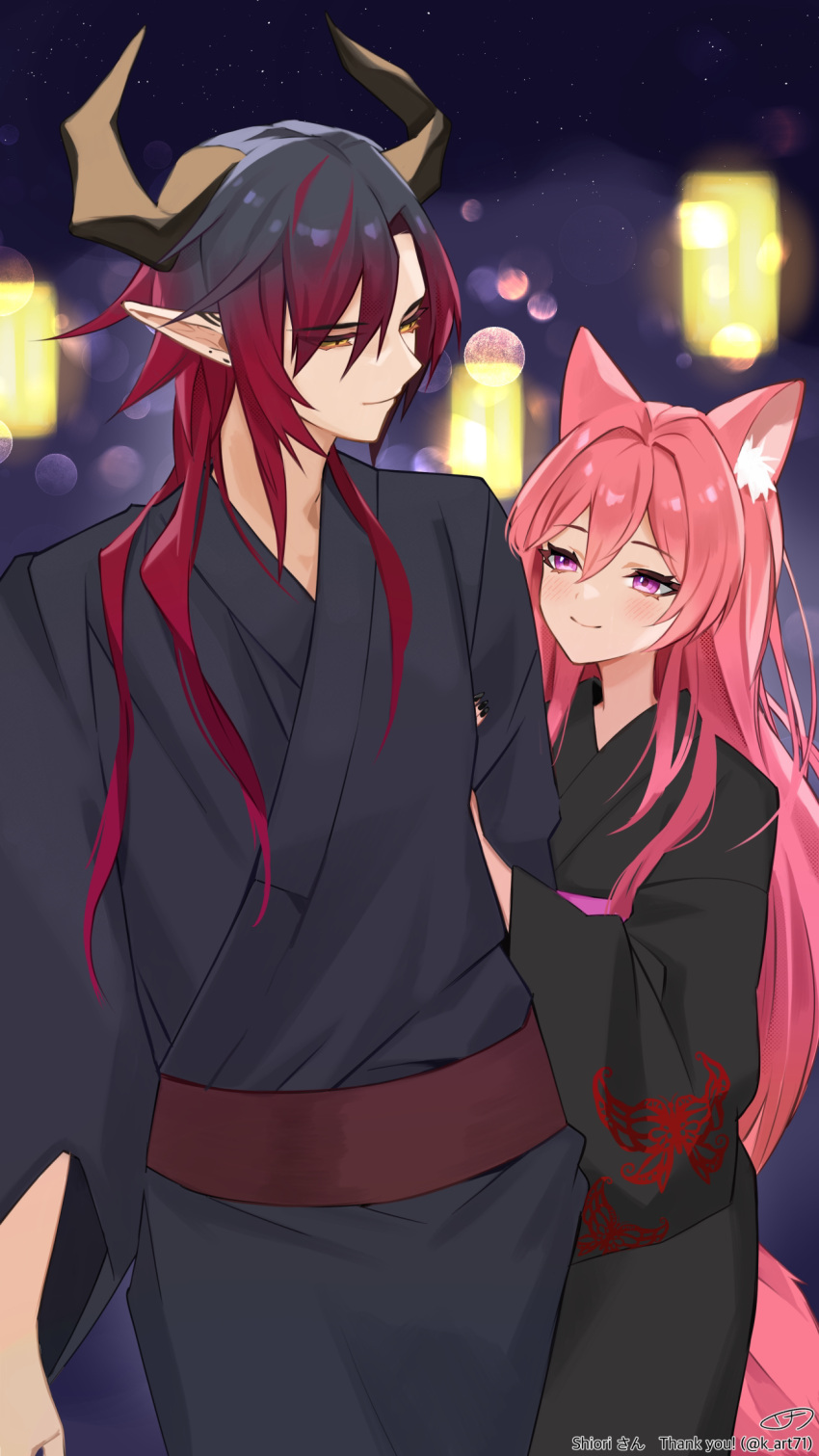 1boy 1girl animal_ear_fluff animal_ears arm_hug black_hair black_kimono black_nails blurry blurry_background character_request closed_mouth commission dog_ears dog_girl dog_tail hair_between_eyes height_difference highres horns indie_virtual_youtuber japanese_clothes k_(art71) kimono lantern long_hair multicolored_hair obi pink_hair pointy_ears purple_eyes red_hair sash shieorie_(vtuber) skeb_commission sky smile star_(sky) starry_sky tail two-tone_hair virtual_youtuber