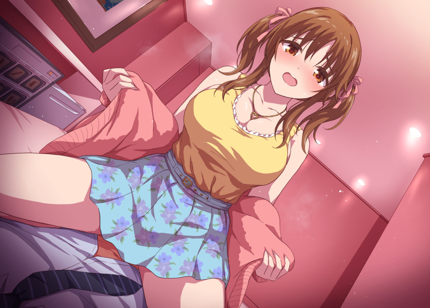 1boy 1girl bed black_necktie blue_skirt blush breasts brown_eyes brown_hair cowgirl_position girl_on_top hetero idolmaster idolmaster_cinderella_girls indoors jewelry large_breasts marugoshi_(54burger) medium_hair necklace necktie on_bed pink_ribbon print_skirt ribbon sex shirt skirt sleeveless straddling striped_necktie tank_top totoki_airi twintails white_shirt yellow_tank_top