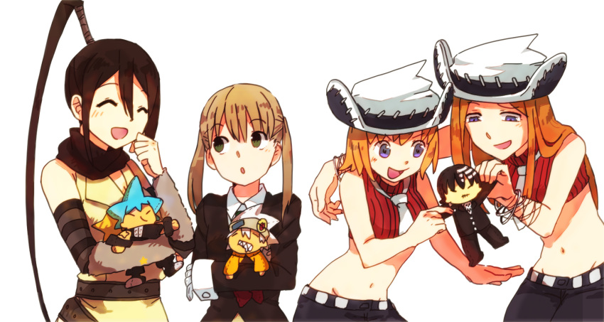 4girls arm_on_another's_shoulder black_star blonde_hair blush brown_hair cardigan collared_shirt cowboy_hat crop_top death_the_kid elizabeth_thompson giggling green_eyes hat high_ponytail hugging_doll hugging_object long_hair maka_albarn midriff multiple_girls nakatsukasa_tsubaki necktie patricia_thompson purple_eyes ro_(tuyu_416) shirt short_hair soul_eater soul_evans stuffed_toy twintails