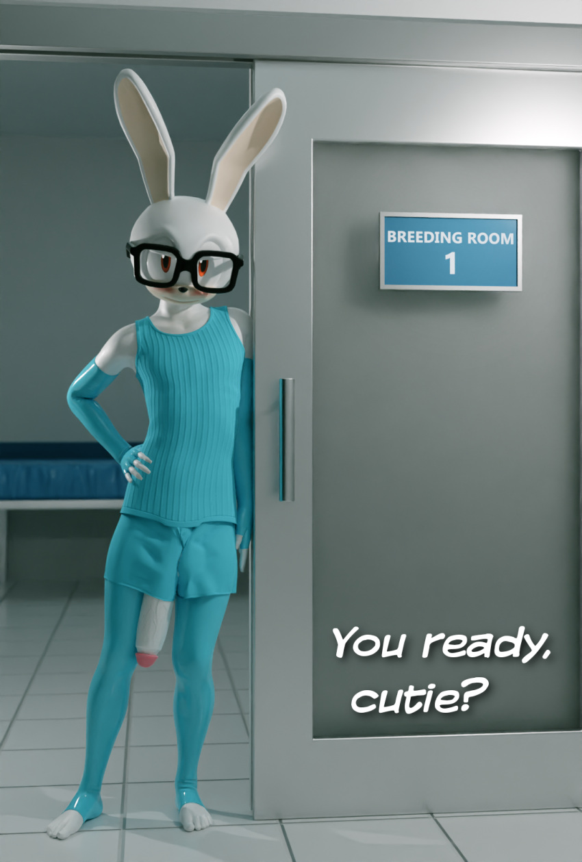 anthro bel_(onlyathrowaway) big_penis blender_(artwork) bottomwear breeder bulge clothing dialogue digital_media_(artwork) eyewear genitals glasses gloves handwear hi_res huge_penis lagomorph latex legwear leporid looking_at_viewer male mammal onlyathrowaway penis rabbit shorts solo stockings text