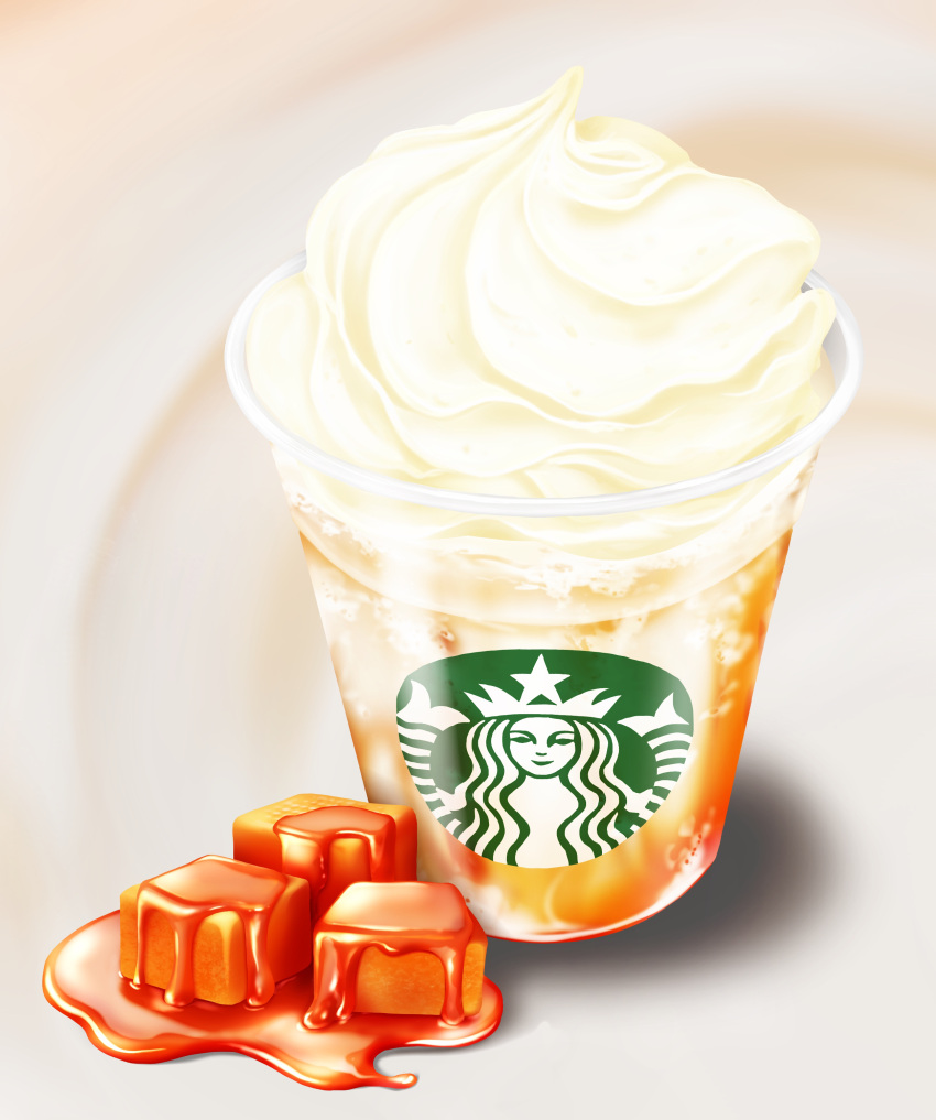 absurdres caramel cup disposable_cup drink food food_focus frappuccino gyuunyuu_oume highres no_humans original product_placement starbucks still_life whipped_cream