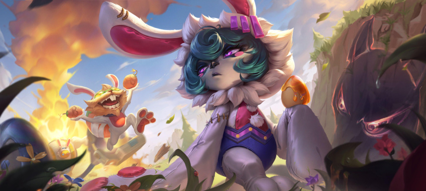 1boy 1girl absurdres animal_costume animal_ears blitzcrank blush_stickers cottontail_blitzcrank cottontail_vex cottontail_ziggs day egg explosion explosive fake_animal_ears flower green_hair grenade hair_between_eyes highres holding holding_egg jumping league_of_legends official_art outdoors pink_eyes rabbit_costume rabbit_ears robot short_hair shorts smile smoke teeth tree vex_(league_of_legends) vex_shadow_(league_of_legends) water ziggs