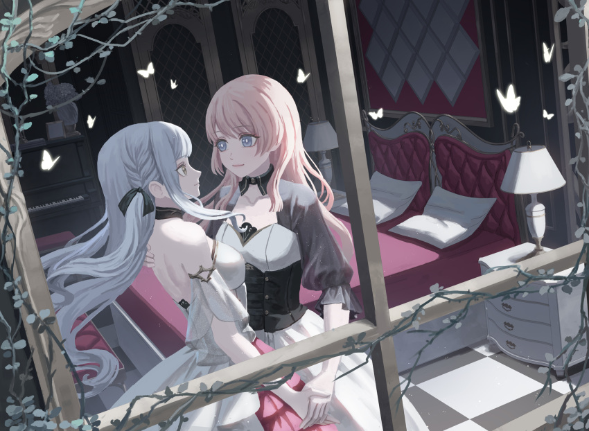 2girls bang_dream! bang_dream!_it's_mygo!!!!! bare_shoulders bed bedroom black_corset blue_eyes bright_pupils bug butterfly chihaya_anon chinese_commentary closed_mouth commentary_request corset detached_collar dress eye_contact floating_hair from_outside hand_on_another's_shoulder highres holding_hands instrument lamp long_hair looking_at_another multiple_girls off-shoulder_dress off_shoulder piano pillow pink_hair plant smile tile_floor tiles togawa_sakiko vines white_butterfly white_dress white_pupils window xukong yuri