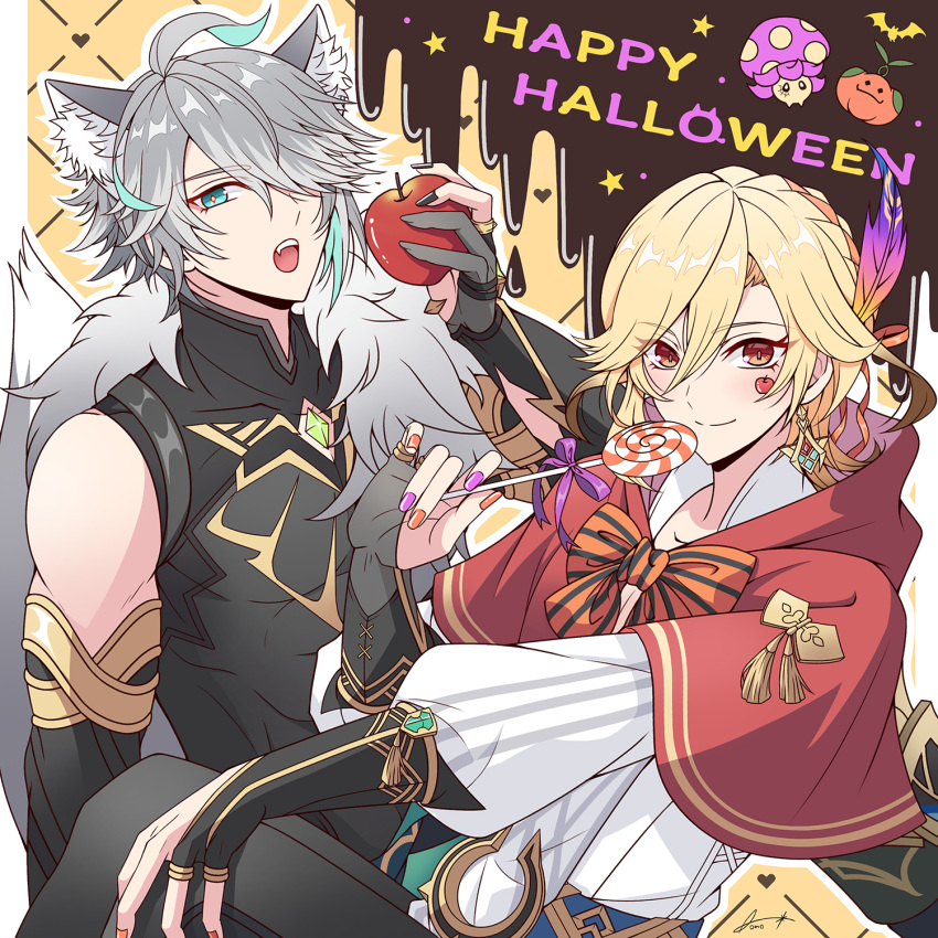 2boys ahoge alhaitham_(genshin_impact) animal_ear_fluff animal_ears aono_(aono_pic) apple aqua_eyes aqua_hair aranara_(genshin_impact) artist_name bat_(animal) black_gloves black_nails black_shirt blonde_hair blue_sash blush bow bowtie candy capelet chest_jewel closed_mouth commentary_request compression_shirt elbow_gloves eyelashes fang feather_hair_ornament feathers fingerless_gloves fingernails food fruit fungi_(genshin_impact) fur_trim gem genshin_impact gloves gold_trim green_gemstone grey_hair hair_between_eyes hair_ornament hair_over_one_eye hair_ribbon halloween halloween_costume hand_up happy_halloween heart highres holding holding_candy holding_food holding_fruit holding_lollipop kaveh_(genshin_impact) lollipop long_hair long_sleeves looking_at_viewer male_focus multicolored_hair multicolored_nails multiple_boys nail_polish one_eye_covered open_mouth orange_bow orange_bowtie orange_nails orange_ribbon outline parted_bangs partially_fingerless_gloves pink_nails puffy_long_sleeves puffy_sleeves red_capelet red_eyes ribbon sash shirt short_hair sidelocks signature simple_background sleeveless sleeveless_shirt smile split_mouth star_(symbol) sticker sticker_on_face streaked_hair striped_bow striped_bowtie striped_clothes swept_bangs swirl_lollipop tail tassel teeth upper_teeth_only white_outline white_shirt wolf_boy wolf_ears wolf_tail yellow_background