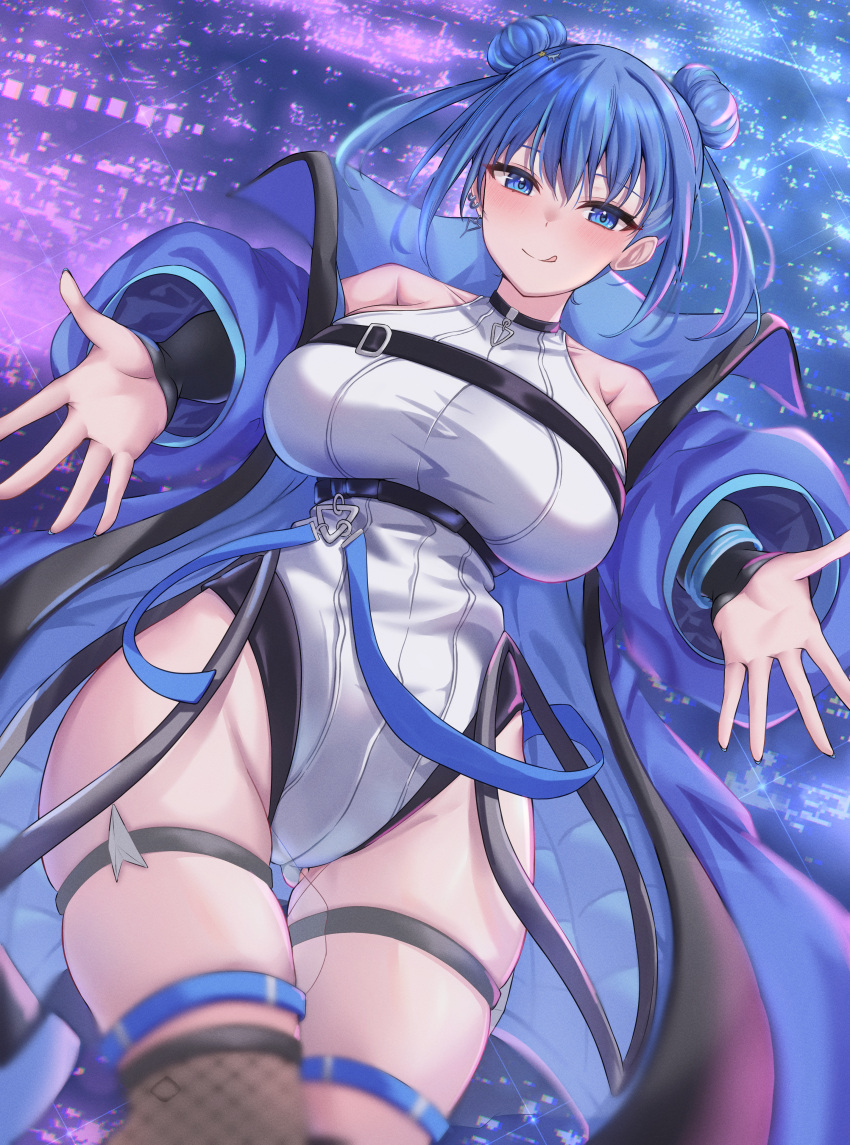 1girl absurdres blue_eyes blue_hair breasts chest_belt double_bun duel_monster evil_twin_lil-la hair_bun highres jacket large_breasts lil-la_(yu-gi-oh!) looking_at_viewer neko_punch_(user_hddm3373) official_alternate_costume open_clothes outstretched_arms short_hair smile solo spread_arms thighhighs yu-gi-oh!