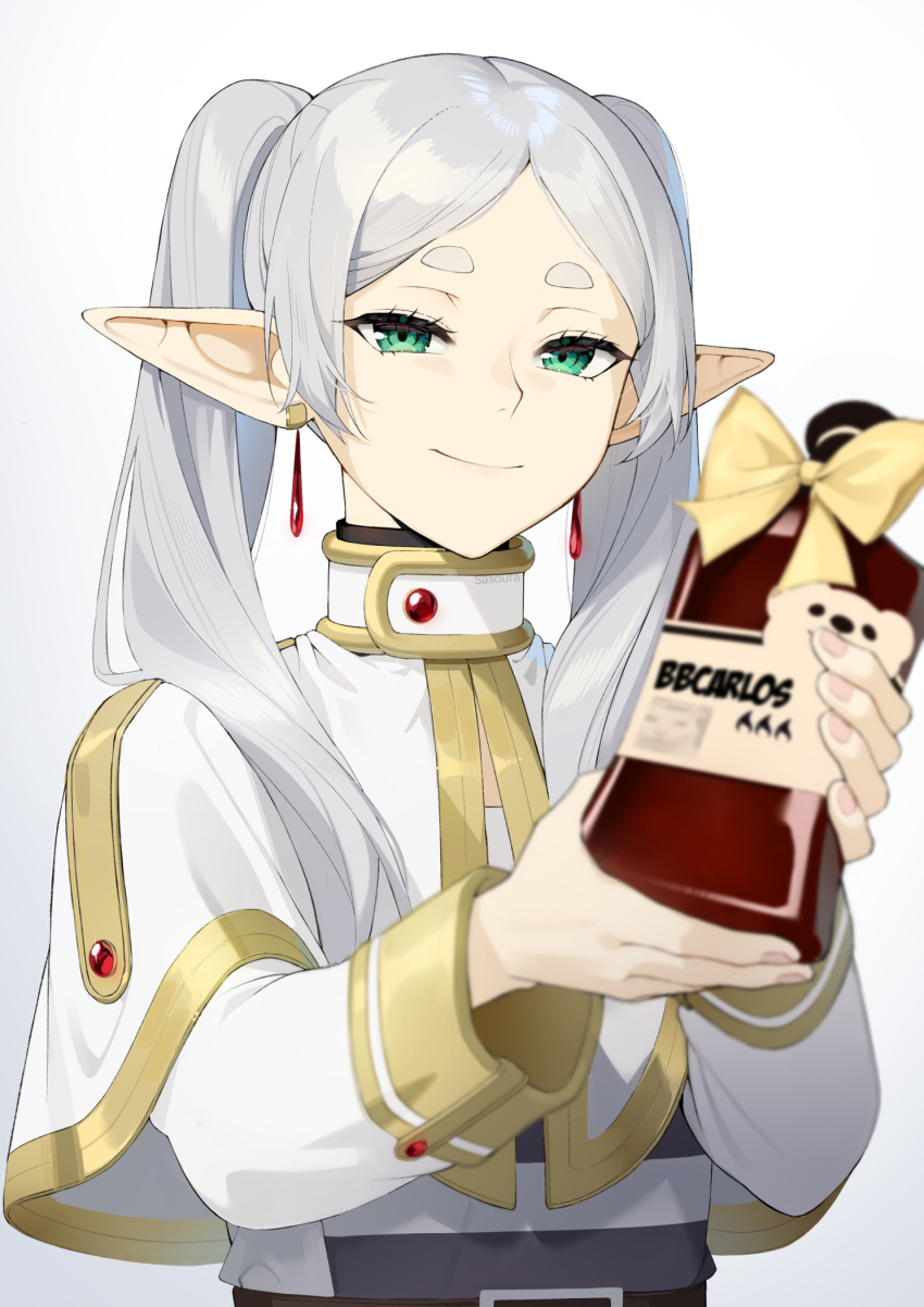 1girl blurry bottle cape commentary depth_of_field earrings english_commentary frieren gradient_background green_eyes grey_hair highres holding holding_bottle jewelry long_hair pointy_ears sasoura smile solo sousou_no_frieren striped_clothes thick_eyebrows twintails upper_body white_cape