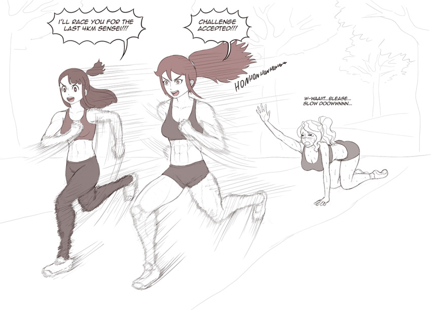 3girls all_fours blush crying diana_cavendish english_text kagari_atsuko long_hair monochrome multiple_girls non-web_source open_mouth outstretched_arm pants ponytail running shoes shorts side_ponytail speech_bubble sports_bra thotticus-slayer tree ursula_charistes yoga_pants