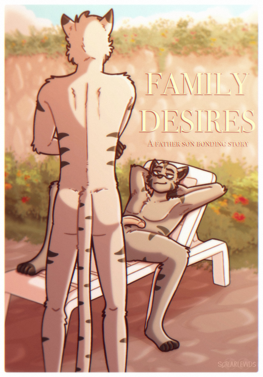 age_difference anthro bedroom_eyes butt cover cover_art cover_page digital_media_(artwork) domestic_cat duo english_text father_(lore) father_and_child_(lore) father_and_son_(lore) felid feline felis flaccid flirting fur fur_markings genitals grey_body grey_fur hair half-closed_eyes hi_res humanoid_genitalia humanoid_penis incest_(lore) jinx_(solarlewds) lawn_chair male male/male mammal markings narrowed_eyes nude parent_(lore) parent_and_child_(lore) parent_and_son_(lore) penis plant poster_design seductive shrub simon_(solarlewds) smile solarlewds son_(lore) tail text