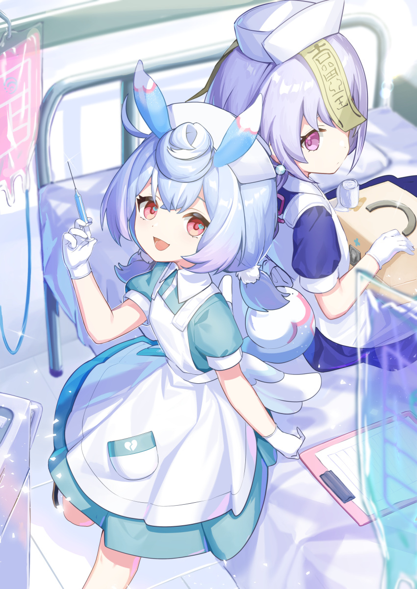 2girls :d absurdres apron bed blue_dress blue_hair clipboard closed_mouth collared_dress commentary_request dress feathered_wings genshin_impact gloves hair_between_eyes hand_up hat highres holding holding_syringe intravenous_drip iv_stand long_hair looking_at_viewer low_twintails low_wings multiple_girls nurse nurse_cap nyori ofuda on_bed puffy_short_sleeves puffy_sleeves purple_eyes purple_hair qiqi_(genshin_impact) red_eyes short_sleeves sigewinne_(genshin_impact) smile syringe twintails very_long_hair white_apron white_gloves white_hat white_wings wings