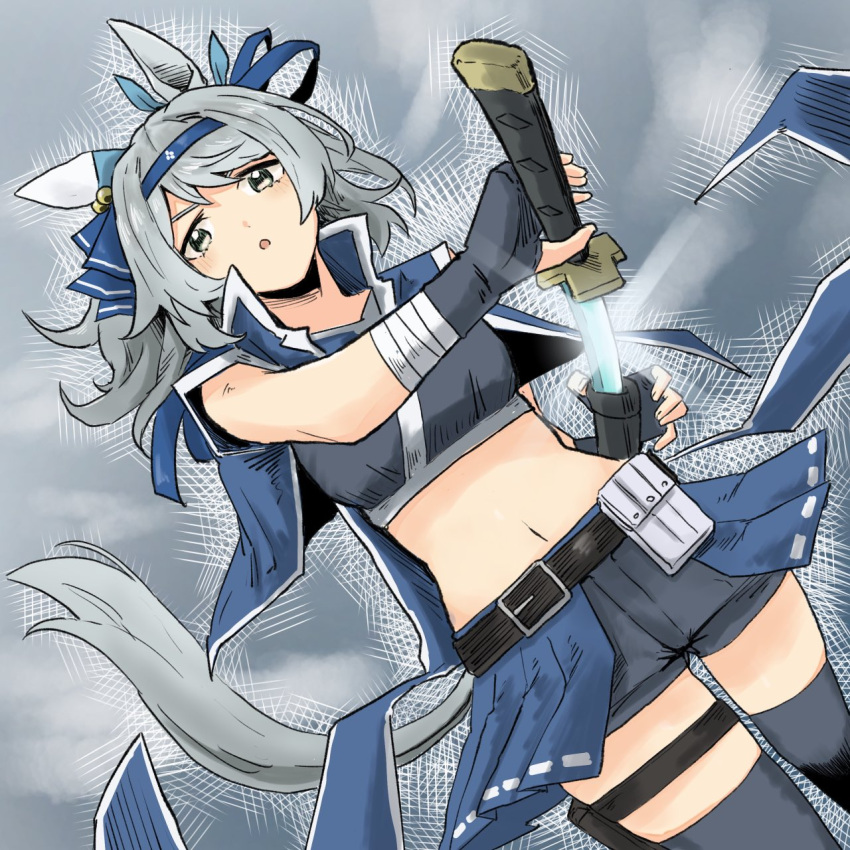 1girl animal_ears black_gloves blue_headband blue_skirt breasts crop_top dutch_angle ear_covers fingerless_gloves gloves grey_eyes grey_hair hachimaki hakama hakama_short_skirt hakama_skirt headband highres hishi_miracle_(umamusume) holding holding_sword holding_weapon horse_ears horse_tail japanese_clothes katana looking_at_viewer medium_breasts medium_hair midriff navel official_alternate_costume sheath shorts shorts_under_skirt single_ear_cover skirt sword tail umamusume unsheathing wakita_otk weapon