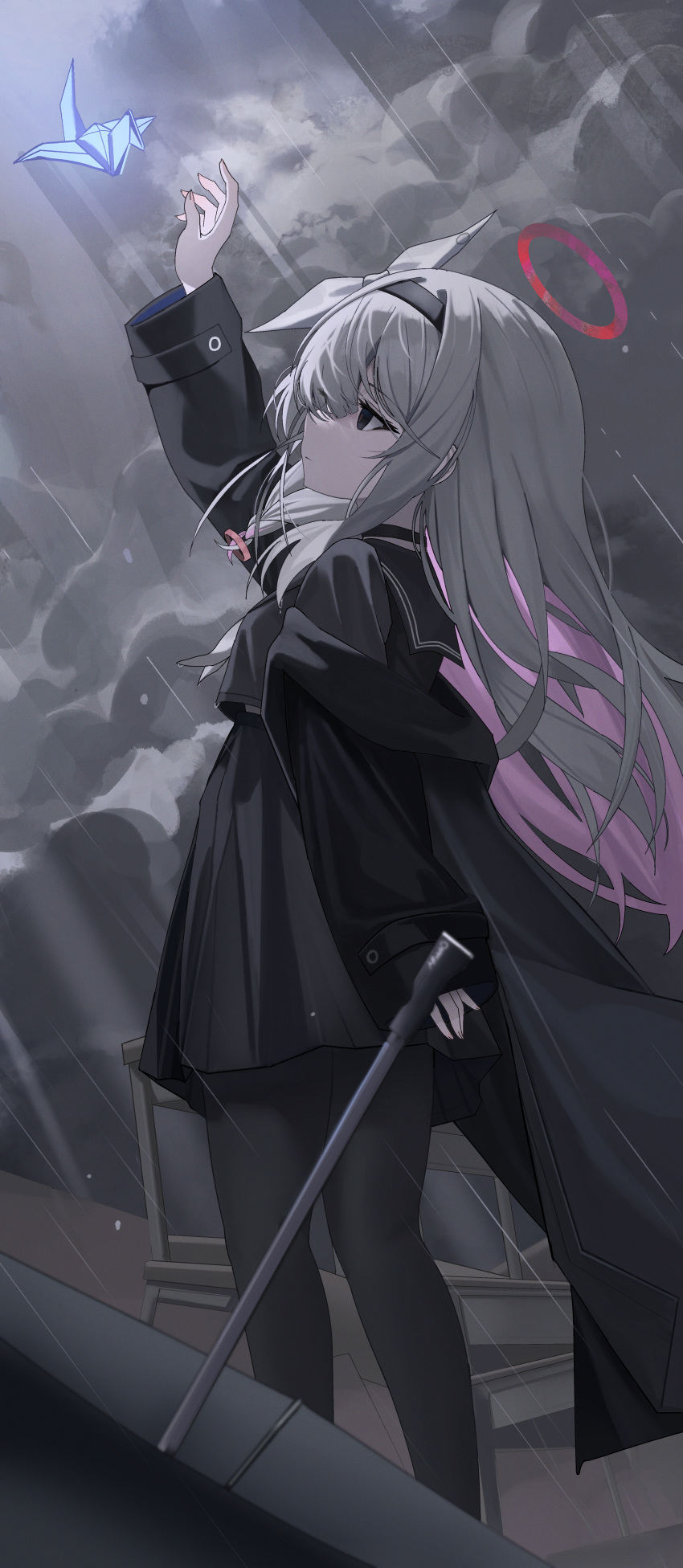 1girl absurdres arm_at_side arm_up black_choker black_coat black_eyes black_hairband black_pantyhose black_sailor_collar black_serafuku black_shirt black_skirt blue_archive braid choker cloud cloudy_sky coat colored_inner_hair desk empty_eyes expressionless feet_out_of_frame fingernails from_side grey_hair hair_over_one_eye hair_ribbon hairband halo highres iv_(iv70311741) light_rays long_hair long_sleeves looking_at_object multicolored_hair origami pantyhose paper_crane pink_hair plana_(blue_archive) rain reaching red_halo ribbon sailor_collar school_desk school_uniform serafuku shirt sidelocks single_braid skirt sky solo sunbeam sunlight umbrella white_ribbon