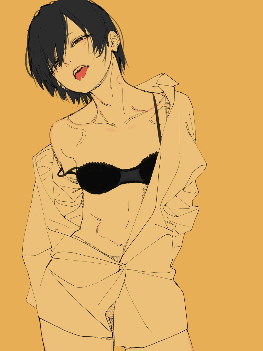 1girl absurdres bite_mark bite_mark_on_neck black_bra black_eyes black_hair bra breasts collarbone collared_shirt cowboy_shot forked_tongue highres limited_palette looking_at_viewer off_shoulder open_clothes open_shirt original shirt short_hair single_bare_shoulder small_breasts solo tongue tongue_out underwear unthuku yellow_theme