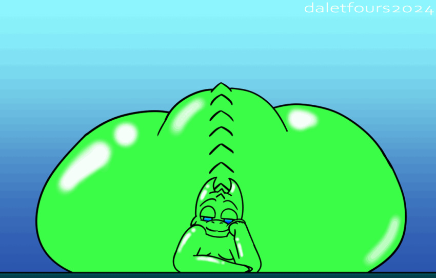 animated anthro bedroom_eyes big_butt blue_eyes butt daletfours front_view goo_creature goo_dragon green_body head_on_hand honeydew_(daletfours) huge_butt hyper hyper_butt jiggling jiggling_butt looking_at_viewer lying male moobs narrowed_eyes nude on_front overweight overweight_anthro overweight_male seductive simple_background smile smug solo