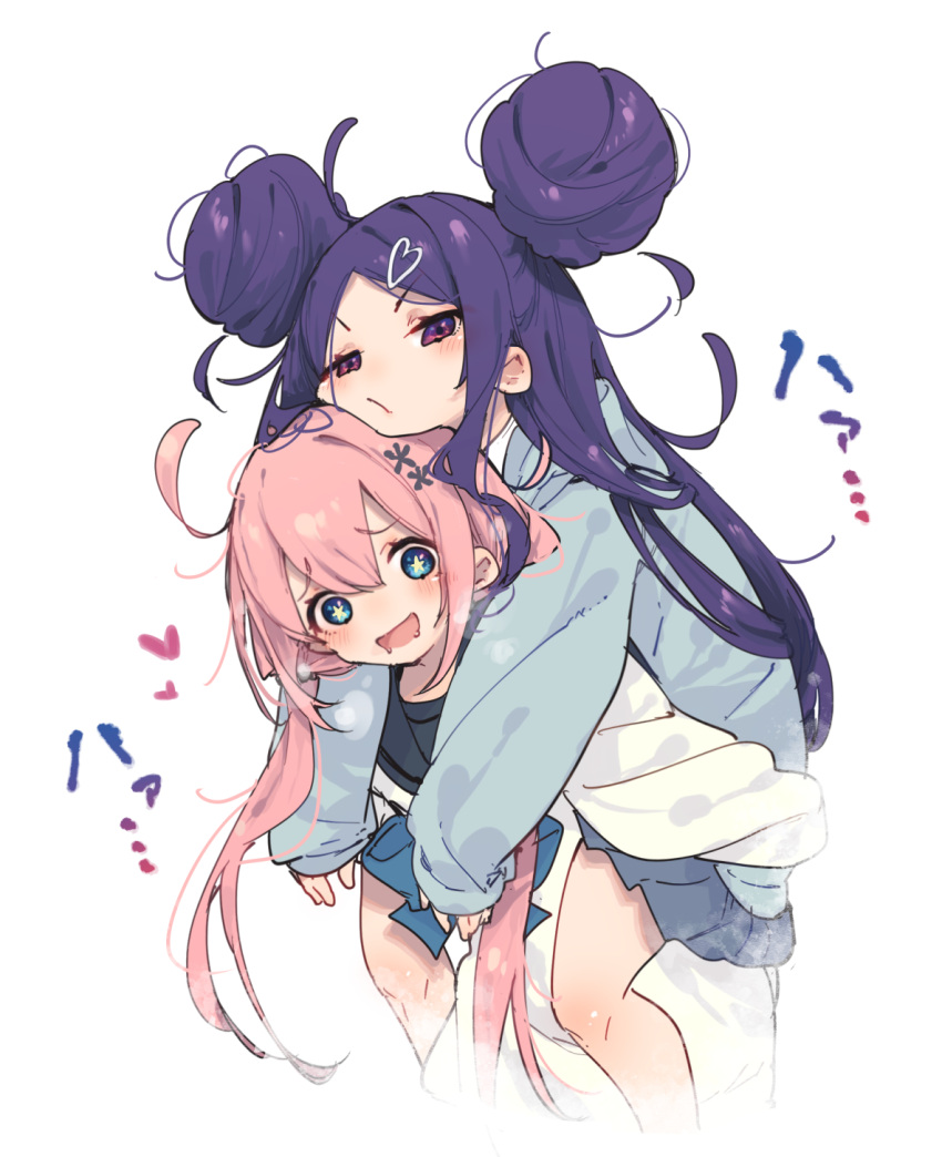 2girls ahoge black_sailor_collar blue_bow blue_bowtie blue_eyes blush bow bowtie carrying carrying_person commentary_request double-parted_bangs double_bun drooling grey_hoodie grey_skirt hair_bun hair_ornament hairclip hamayumiba_sou head_on_head head_rest heart heart_hair_ornament heavy_breathing highres hood hoodie long_hair long_sleeves looking_at_viewer loose_hair_strand low_twintails miniskirt multiple_girls ochikobore_fruit_tart parted_bangs piggyback pink_hair pleated_skirt purple_eyes purple_hair sailor_collar sakura_ino school_uniform sekino_roko serafuku side_up_bun simple_background skirt sleeves_past_wrists star-shaped_pupils star_(symbol) sweater symbol-shaped_pupils twintails v-shaped_eyebrows vignetting white_background white_sweater