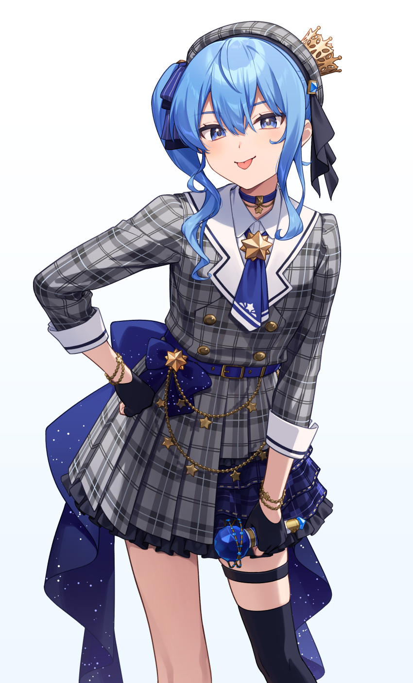 1girl :p absurdres akabino ascot back_bow belt belt_chain beret black_gloves black_thighhighs blue_ascot blue_belt blue_bow blue_choker blue_eyes blue_hair bow buttons choker collared_shirt commentary_request crown double-breasted feet_out_of_frame frilled_skirt frills gloves grey_beret grey_jacket grey_skirt hair_between_eyes hand_on_own_hip hat highres holding holding_microphone hololive hoshimachi_suisei hoshimachi_suisei_(1st_costume) jacket leaning_forward long_hair long_sleeves looking_at_viewer microphone mini_crown miniskirt partially_fingerless_gloves plaid plaid_headwear plaid_jacket plaid_skirt pleated_skirt ribbon shirt side_ponytail sidelocks simple_background single_thighhigh skirt skirt_set sleeve_cuffs sleeves_past_elbows solo star_(symbol) star_bracelet star_choker star_in_eye symbol_in_eye thigh_strap thighhighs tilted_headwear tongue tongue_out virtual_youtuber waist_bow white_background white_shirt