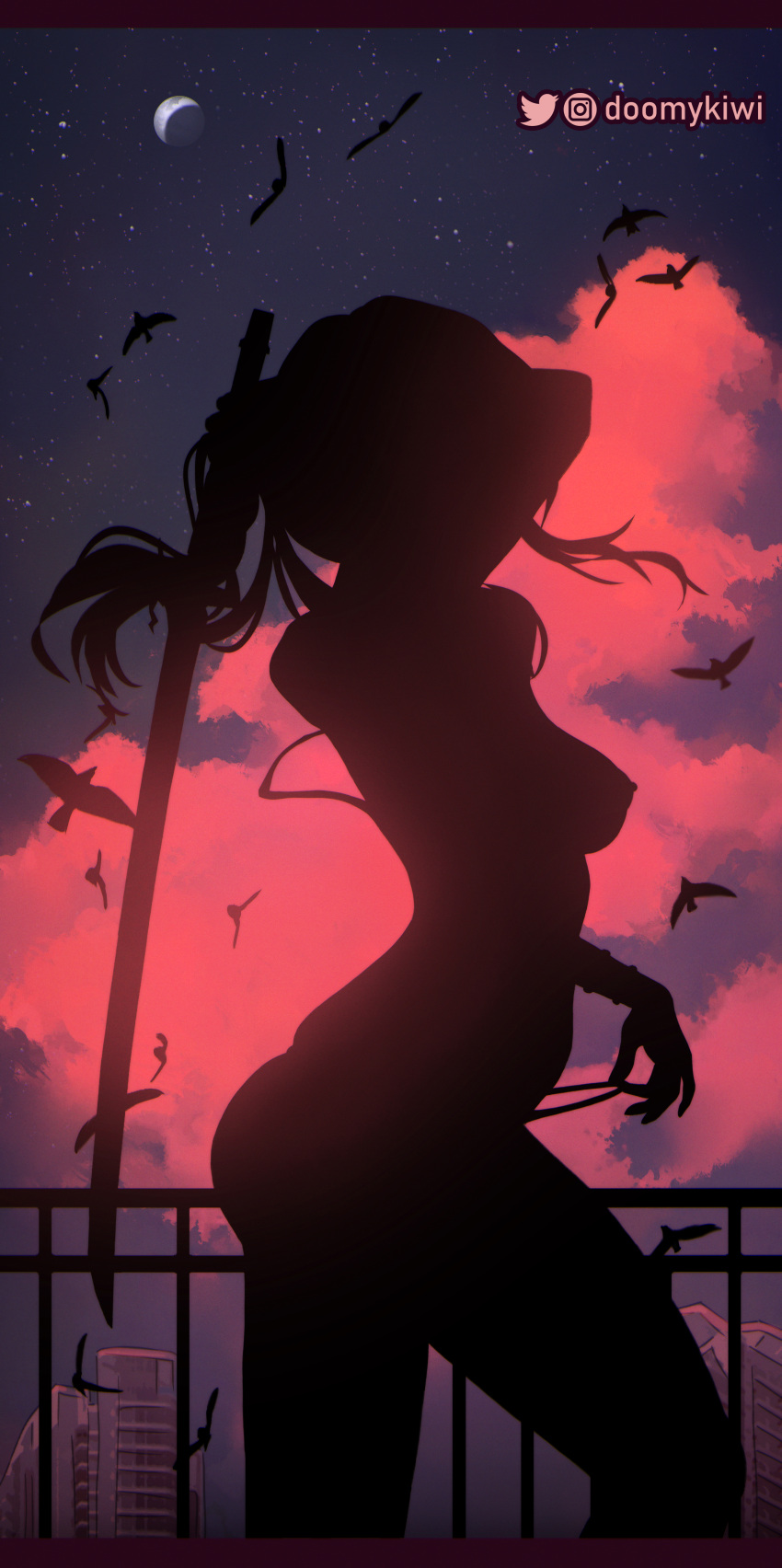 1girl absurdres artist_name ass bikini_pull bird bracelet breasts clothes_pull cowboy_shot doomykiwi highres holding holding_sword holding_weapon honkai:_star_rail honkai_(series) instagram_logo jewelry kafka_(honkai:_star_rail) katana large_breasts long_hair nipples ponytail shadow silhouette solo sword twitter_logo weapon