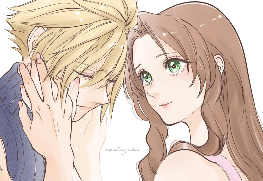 1boy 1girl aerith_gainsborough artist_name bare_shoulders blonde_hair blue_shirt brown_hair closed_eyes cloud_strife couple crying dress final_fantasy final_fantasy_vii final_fantasy_vii_rebirth final_fantasy_vii_remake green_eyes hair_between_eyes hand_on_another's_cheek hand_on_another's_face hetero highres holding_hands light_smile long_hair omochi_daisuki parted_bangs pink_dress shirt short_hair sidelocks sleeveless sleeveless_turtleneck spiked_hair tears turtleneck upper_body wavy_hair white_background