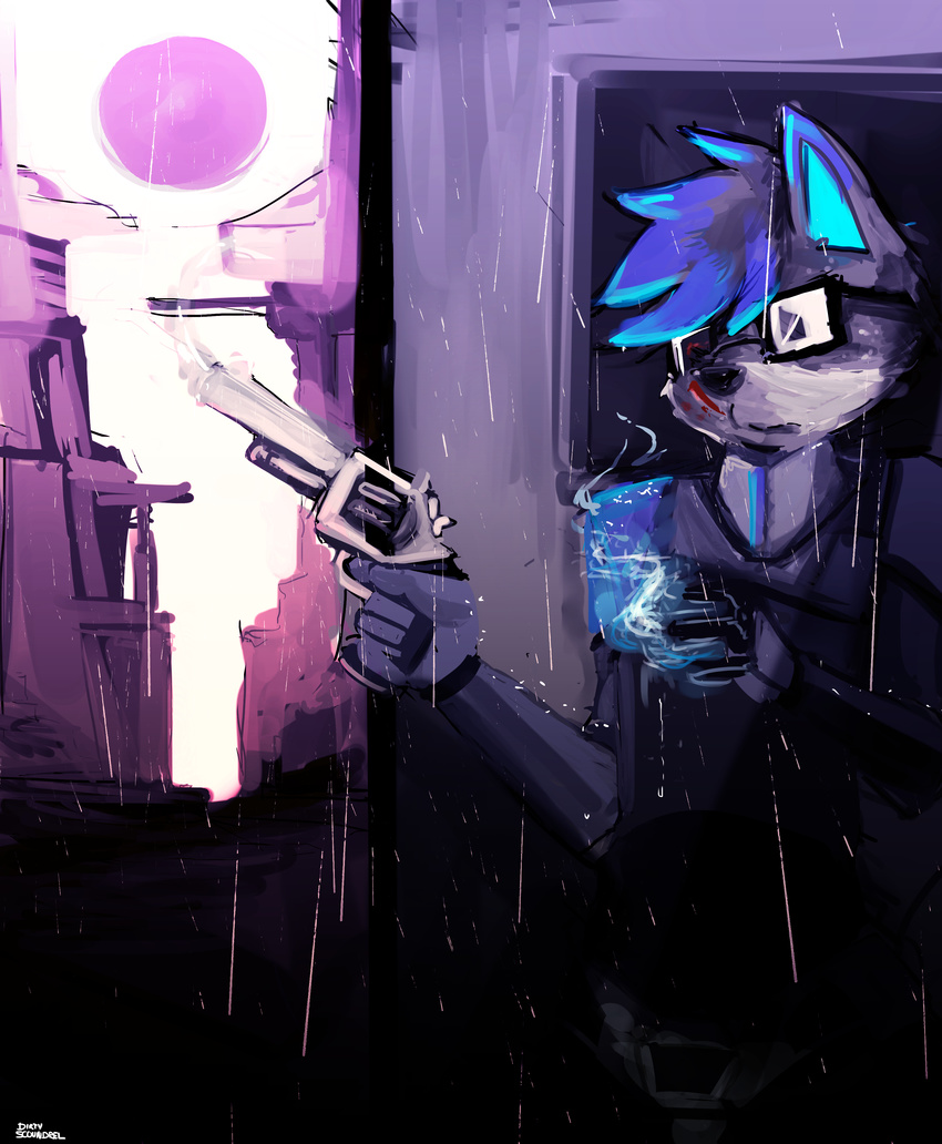 askdirty blood blue_hair canine dirtyscoundrel eyewear fox glasses gun hair mammal raining ranged_weapon smoking weapon