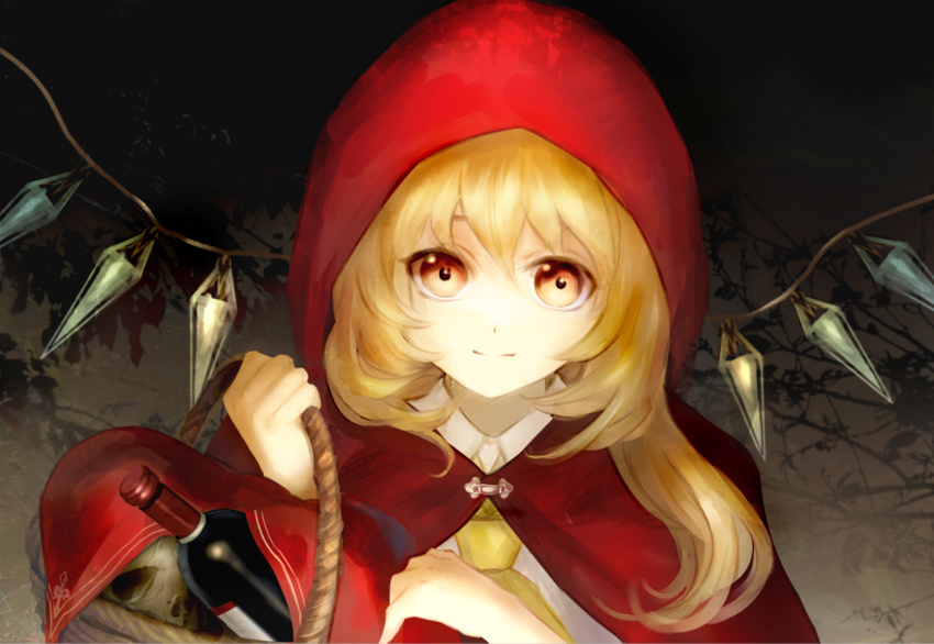 alcohol alternate_costume ascot bad_id bad_pixiv_id basket blonde_hair bottle cape commentary cosplay flandre_scarlet hand_up holding hood keiko_(mitakarawa) little_red_riding_hood little_red_riding_hood_(grimm) little_red_riding_hood_(grimm)_(cosplay) looking_at_viewer skull smile solo touhou upper_body wine wine_bottle wings yellow_eyes