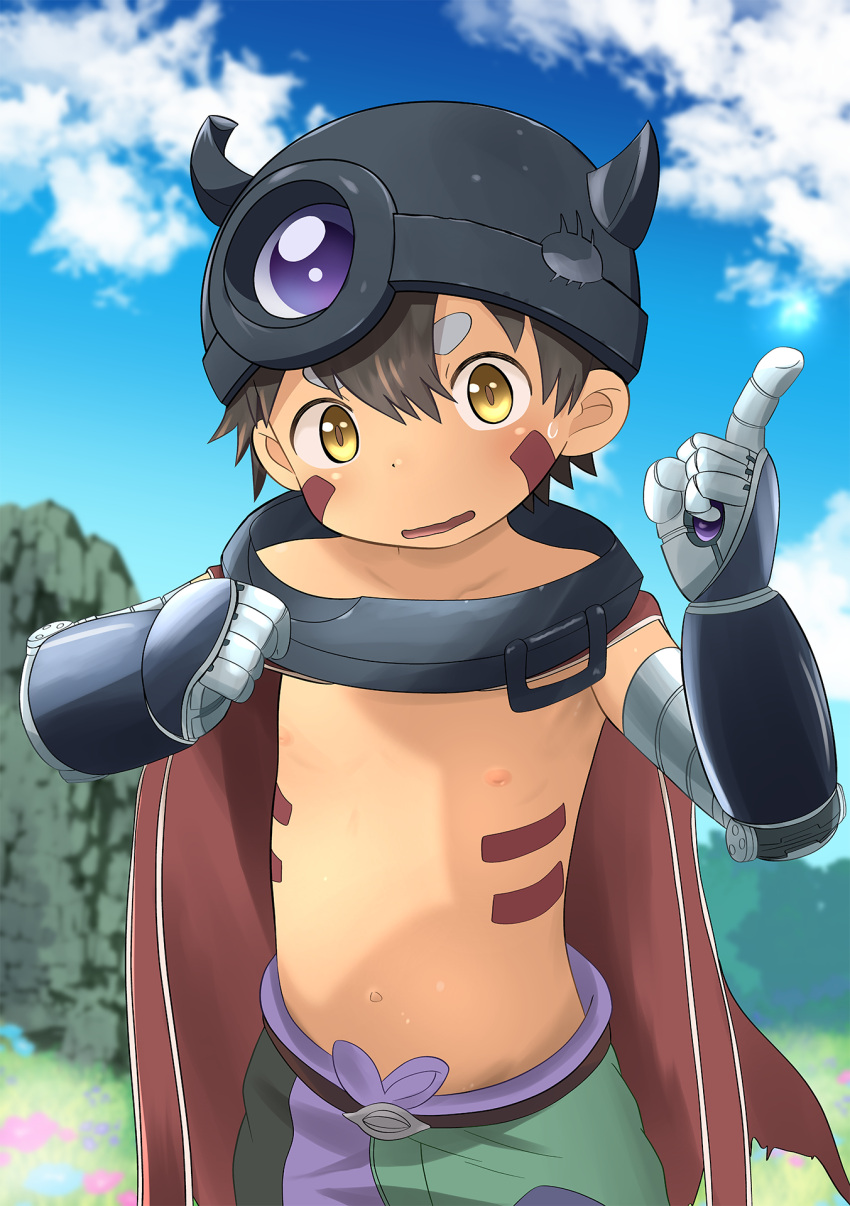 1boy aota_xxx blue_flower blue_sky brown_eyes brown_hair cape child cloud cloudy_sky facial_mark fake_horns floral_background flower grass green_shorts hair_between_eyes helmet highres horned_headwear horned_helmet horns light_blush looking_at_viewer made_in_abyss mechanical_arms mechanical_hands mechanical_legs multicolored_clothes multicolored_eyes multicolored_shorts nature navel nipples on_grass open_mouth pink_flower pointing pointing_up purple_flower purple_shorts red_cape regu_(made_in_abyss) robot rock shorts sky solo sweat sweatdrop topless_male white_background yellow_eyes