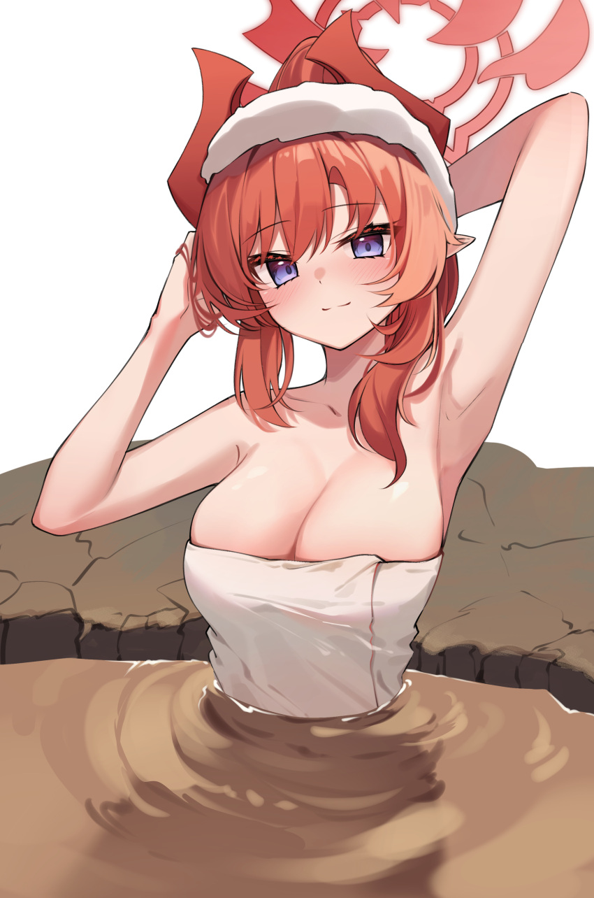 1girl absurdres arm_up armpits blue_archive blue_eyes blush breasts cleavage collarbone demon_horns halo highres horns large_breasts looking_at_viewer megu_(blue_archive) naked_towel onsen pointy_ears presenting_armpit red_hair refraction smile solo towel ziro_(zirorong)