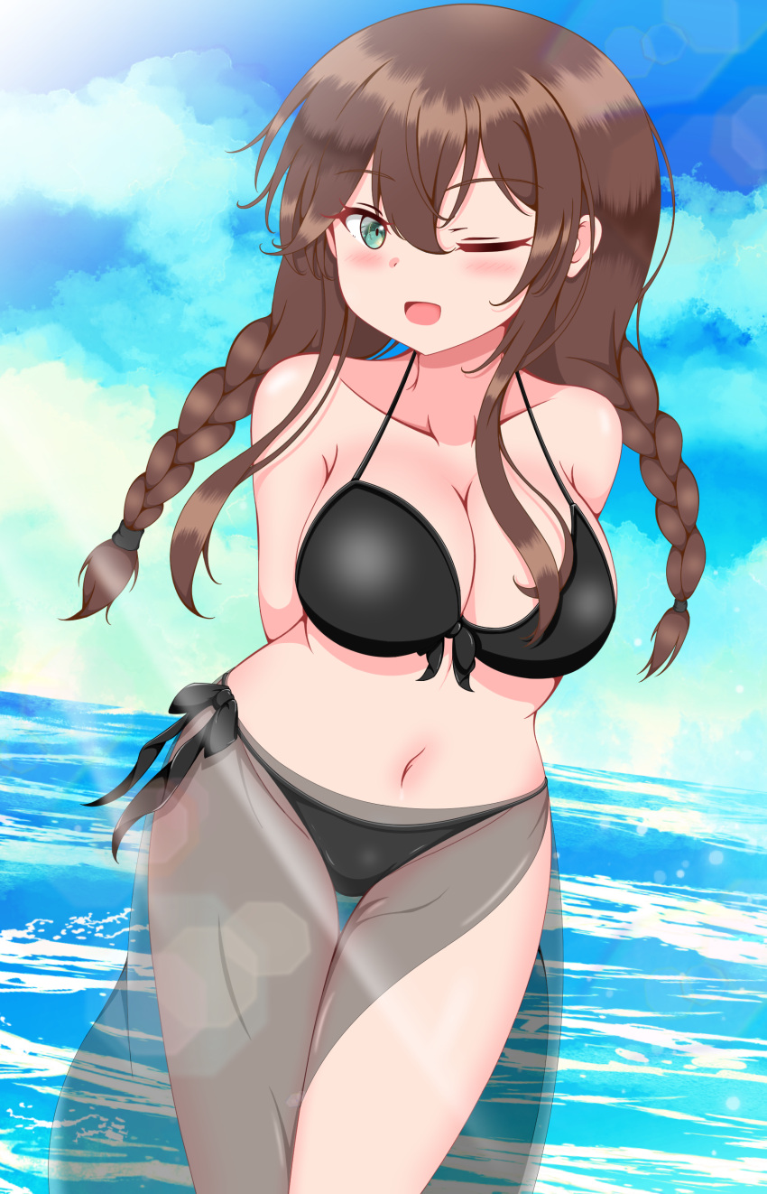 1girl absurdres arms_behind_back bikini black_bikini blue_sky braid breasts brown_hair cleavage cloud day feet_out_of_frame front-tie_bikini_top front-tie_top green_eyes highres itsuya_(hmizugucti) kantai_collection large_breasts leaning_forward looking_at_viewer low_twintails noshiro_(kancolle) one_eye_closed outdoors sarong see-through_sarong side-tie_bikini_bottom sky smile solo swimsuit thigh_gap twin_braids twintails