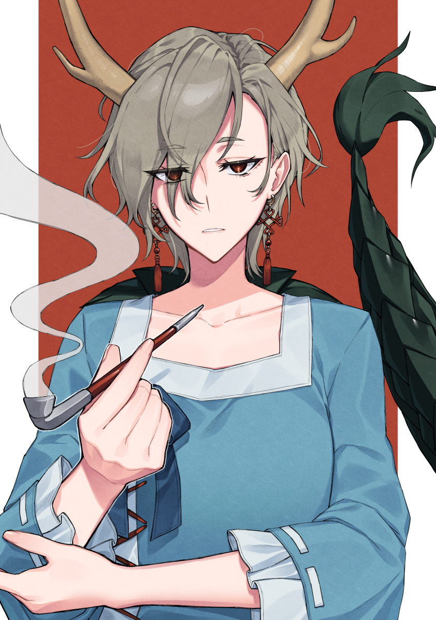 1girl absurdres blank_stare blue_dress border commission dragon_girl dragon_horns dragon_tail dress earrings frilled_sleeves frills grey_hair hair_over_one_eye highres himadera holding holding_smoking_pipe horns jewelry jitome kicchou_yachie long_sleeves looking_at_viewer red_background red_eyes ribbon-trimmed_sleeves ribbon_trim short_hair skeb_commission smoke smoking_pipe solo square_neckline tail tassel tassel_earrings touhou upper_body white_border