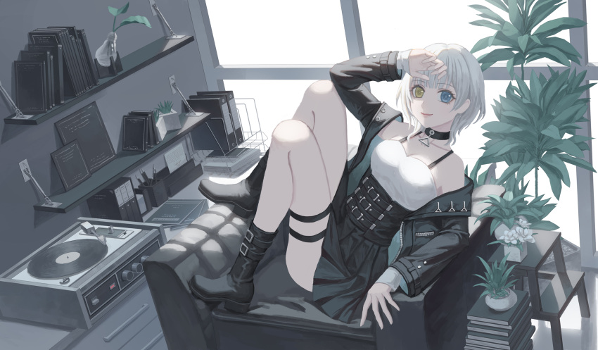 1girl bang_dream! bang_dream!_it's_mygo!!!!! black_choker black_footwear black_jacket black_skirt blue_eyes book book_stack boots chinese_commentary choker commentary_request full_body heterochromia high-waist_skirt highres indoors jacket kaname_raana light_bulb long_sleeves medium_hair off_shoulder on_chair open_clothes open_jacket pencil phonograph plant potted_plant record shelf shirt sitting skirt smile solo thigh_strap white_hair white_shirt window xukong yellow_eyes