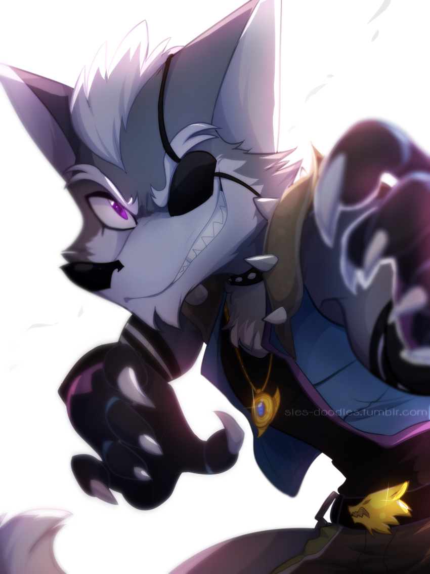 armpits belt_buckle clothing eye_patch eyewear fur grey_fur grin hair jewelry lens_flare looking_at_viewer necklace nintendo purple_eyes sledoodles star_fox video_games white_hair wolf_o'donnell