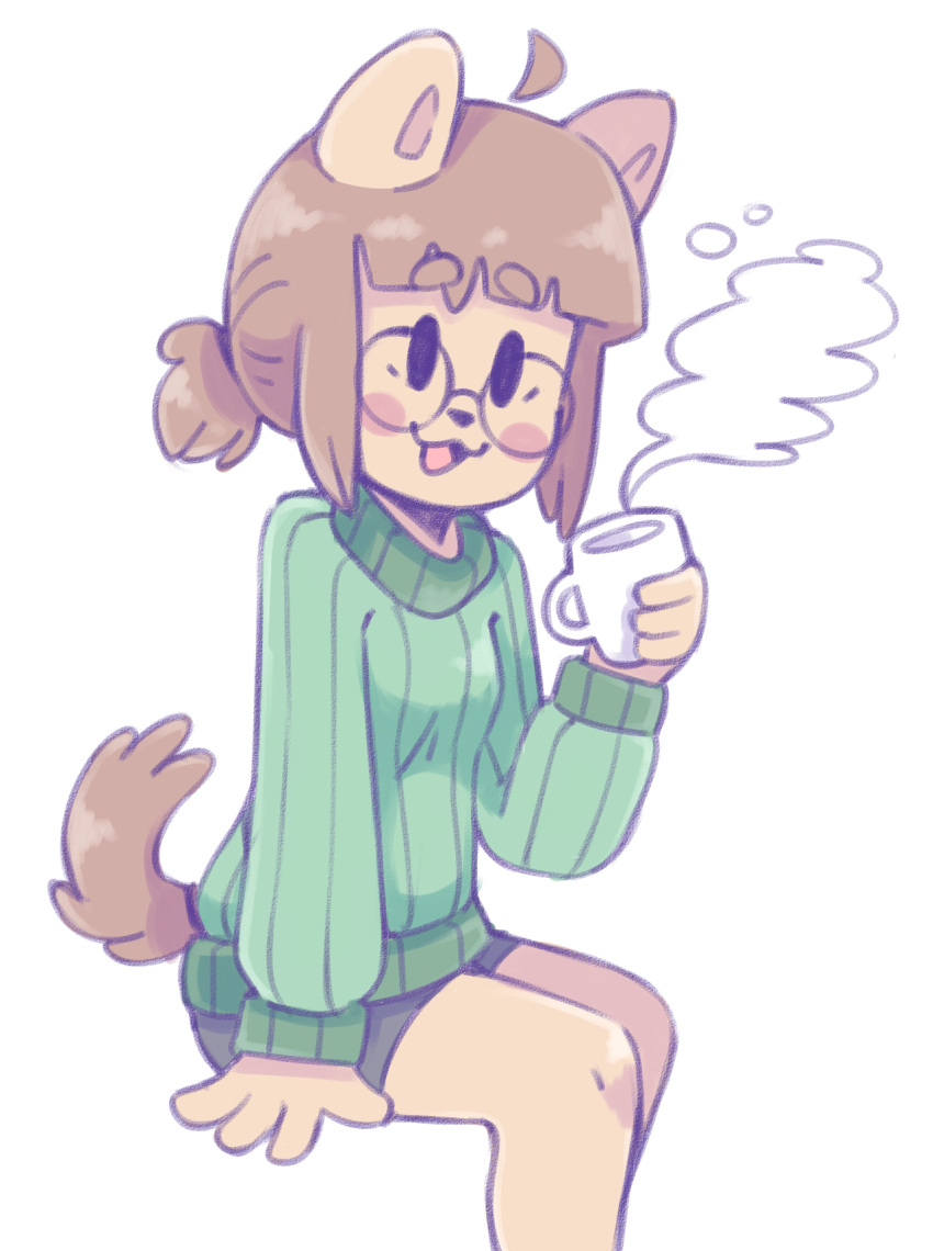 2018 4_fingers :3 anthro bangs beverage black_bottomwear black_clothing black_nose black_shorts bottomwear brown_hair canid canine canis clothing colored domestic_dog dot_eyes eyebrows female fingers fur graskip green_clothing green_sweater green_topwear hair hand_on_ground happy hi_res holding_mug holding_object hot_beverage mammal mug open_mouth ponytail red_cheeks shaded shorts simple_background sitting solo sweater tail tan_body tan_fur tied_hair topwear white_background