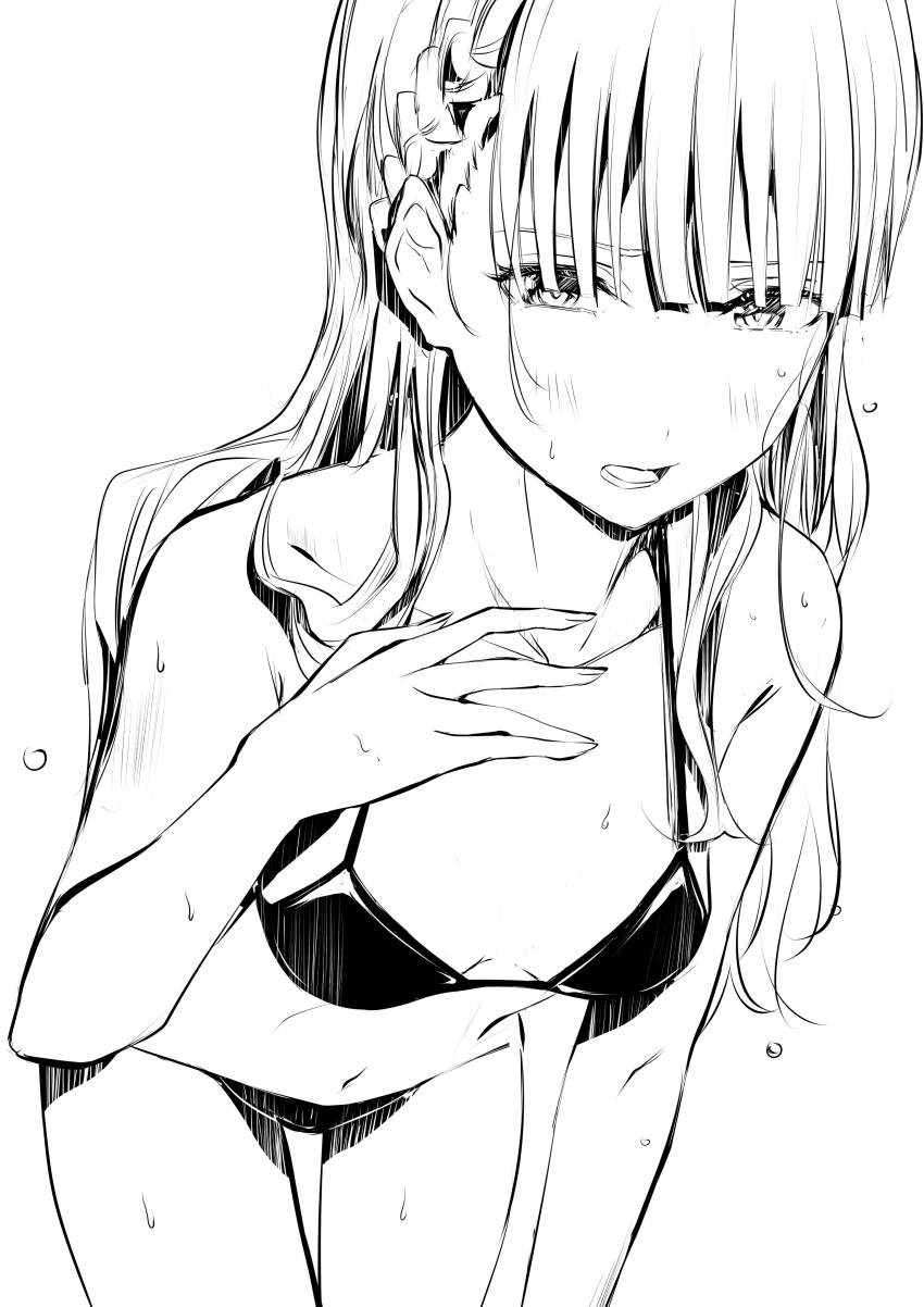 1girl absurdres bare_shoulders bikini blunt_bangs blush breasts breasts_apart collarbone commentary_request greyscale highres leaning_forward long_hair looking_at_viewer love_live! love_live!_superstar!! midriff monochrome navel open_mouth small_breasts solo swimsuit tommer upper_body wet white_background wien_margarete