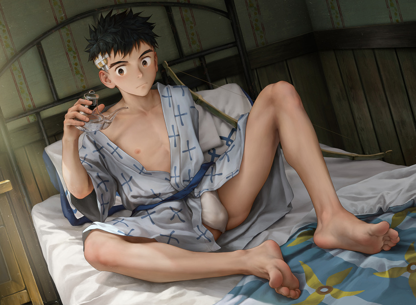 1boy bandaid bandaid_on_head barefoot bed beitemian black_hair blue_kimono bottle bow_(weapon) brown_eyes bulge closed_mouth collarbone full_body holding holding_bottle indoors japanese_clothes jug_(bottle) kimono light_particles male_focus male_underwear nipples original robe solo thick_eyebrows undercut underwear weapon white_male_underwear white_robe