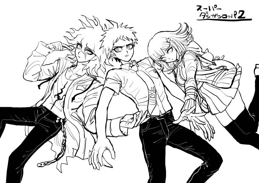 1girl 2boys absurdres ahoge animal_bag backpack bag breasts cat_bag chain collarbone danganronpa_(series) danganronpa_2:_goodbye_despair flipped_hair highres hinata_hajime jacket komaeda_nagito large_breasts medium_hair messy_hair multiple_boys nanami_chiaki necktie open_clothes open_jacket print_shirt shirt short_hair spaceship_hair_ornament thighhighs translation_request uranagi_(uranaginasi) zettai_ryouiki