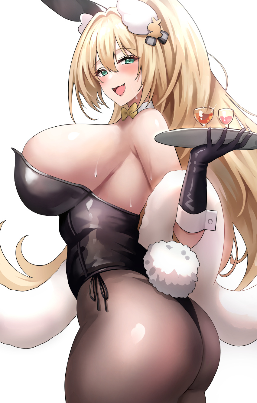 1girl absurdres animal_ears ass bare_shoulders black_leotard blush breasts cup drinking_glass fake_animal_ears goddess_of_victory:_nikke hair_intakes high_ponytail highres huge_breasts jasony leotard long_hair looking_at_viewer playboy_bunny rupee_(nikke) rupee_(rabbit_deluxe)_(nikke) smile solo tray