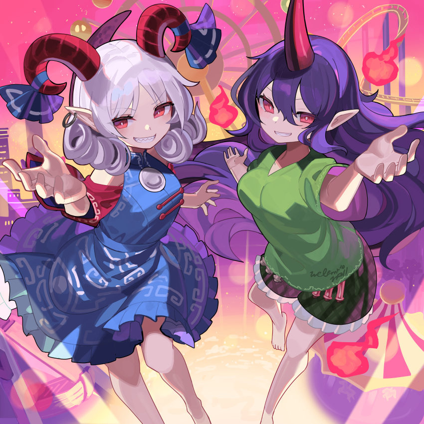 2girls absurdres album_cover barefoot blue_dress clothes_writing commentary_request cover curly_hair dress earrings eye_print falken_(yutozin) ferris_wheel fire green_shirt grey_hair grin highres hoop_earrings horn_ornament horn_ribbon horns jewelry long_hair multiple_girls pointy_ears purple_hair reaching reaching_towards_viewer red_eyes red_horns red_sleeves ribbon roller_coaster sharp_teeth sheep_horns shirt short_sleeves shorts single_horn smile teeth tenkajin_chiyari test_tube touhou toutetsu_yuuma very_long_hair