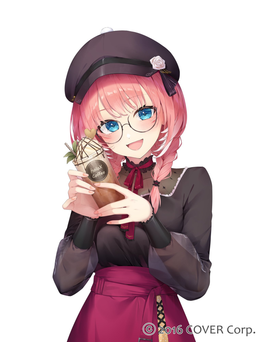 1girl :d black_hat black_shirt blue_eyes bob_cut braid choppy_bangs colored_tips commentary_request cross-laced_slit cup flat_cap flower frilled_shirt_collar frills front_slit hat hat_flower high-waist_skirt highres holding holding_cup hololive izumi_kei long_sleeves looking_at_viewer low_twin_braids low_twintails medium_hair multicolored_hair neck_ribbon official_alternate_costume official_alternate_hairstyle official_art pink_hair pink_nails red_ribbon red_sash red_skirt ribbon sash see-through see-through_sleeves shirt short_hair simple_background skirt smile solo swept_bangs takane_lui takane_lui_(3rd_costume) twin_braids twintails virtual_youtuber white_background white_hair