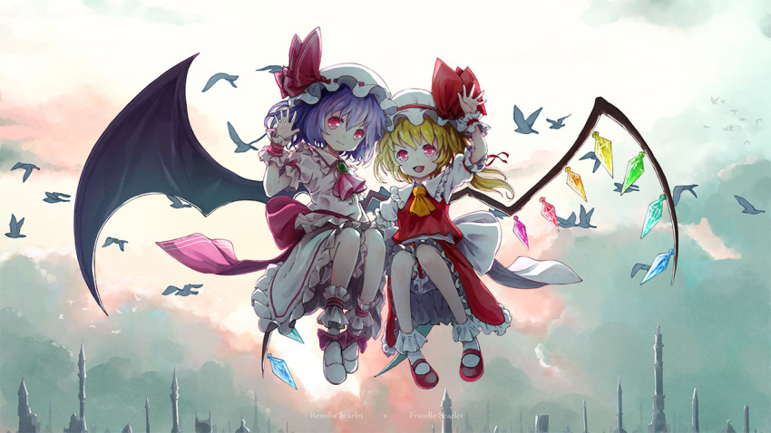 2girls ascot bat_wings bird cloud cloudy_sky crystal_wings dress flandre_scarlet flying frilled_dress frills hat hat_ribbon mary_janes multiple_girls open_mouth outdoors purple_hair red_eyes red_ribbon remilia_scarlet ribbon satyuas shoes short_hair siblings sky socks touhou twins waving_hands white_mob_cap wings wrist_cuffs yellow_ascot