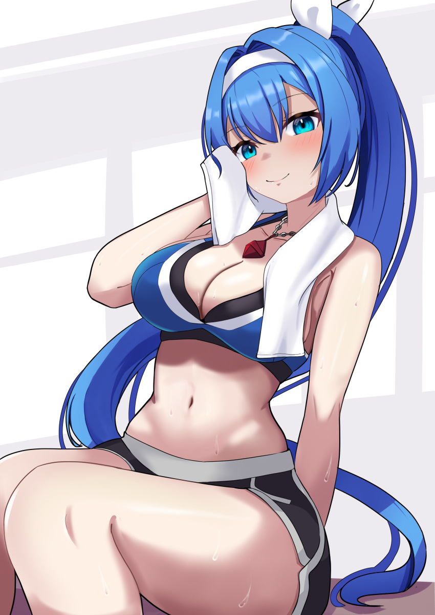 1girl absurdres alyssa_(specktech) black_shorts black_sports_bra blue_eyes blue_hair blue_sports_bra blush closed_mouth crop_top hairband highres long_hair looking_at_viewer midriff navel nise_no_tsubo original ponytail second-party_source shorts simple_background sitting smile solo sports_bra sweat towel towel_around_neck two-tone_sports_bra white_background white_hairband