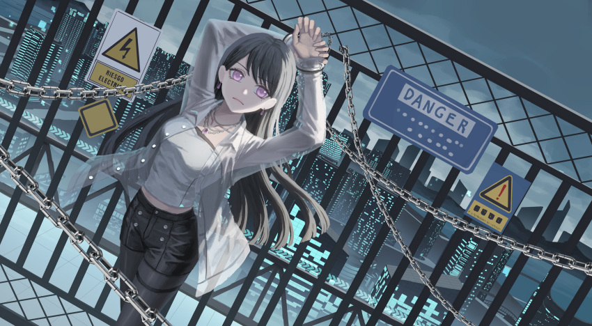 1girl arms_up bang_dream! bang_dream!_it's_mygo!!!!! black_pantyhose black_shorts bound bound_wrists brown_hair chain chained chinese_commentary cityscape closed_mouth commentary_request cuffs earrings feet_out_of_frame handcuffs highres jewelry long_hair looking_at_viewer necklace night open_clothes open_shirt outdoors pantyhose purple_eyes railing see-through see-through_shirt shiina_taki shirt shorts sign solo warning_sign white_shirt xukong