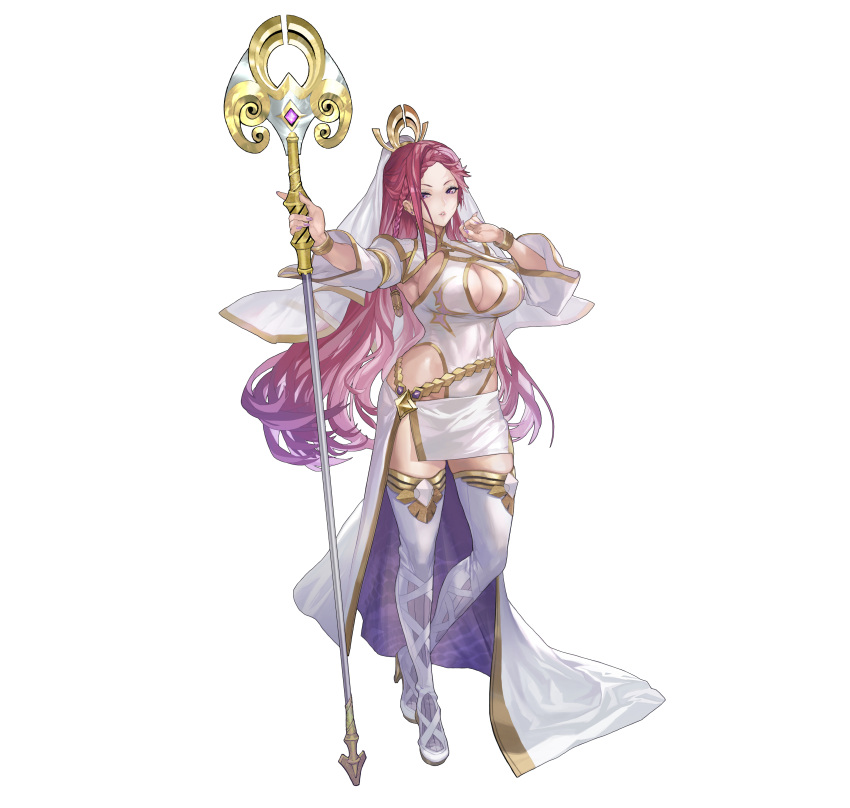 1girl absurdres boots bracelet braid breasts cleavage cleavage_cutout closed_mouth clothing_cutout commentary_request earrings fingernails fire_emblem fire_emblem_heroes full_body gold_trim high_heel_boots high_heels highleg highleg_leotard highres holding jewelry large_breasts leotard loki_(fire_emblem) long_hair looking_at_viewer maeshima_shigeki nail_polish official_art parted_lips purple_eyes purple_hair simple_background skirt solo staff standing thigh_boots white_background