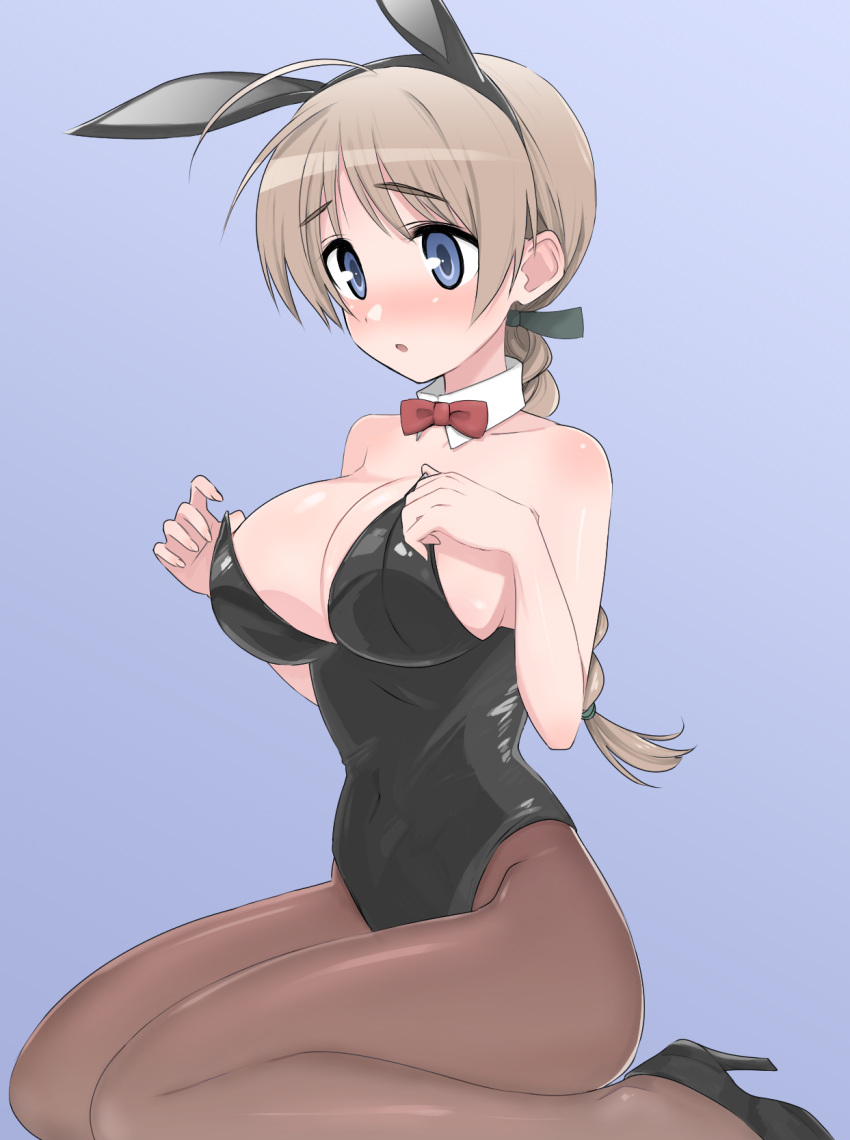 1girl animal_ears black_footwear black_leotard blue_background blue_eyes bow bowtie braid breasts brown_hair brown_pantyhose cleavage detached_collar hands_on_own_chest high_heels highres large_breasts leotard long_hair lynette_bishop pantyhose playboy_bunny rabbit_ears red_bow red_bowtie remoso single_braid solo strapless strapless_leotard strike_witches world_witches_series